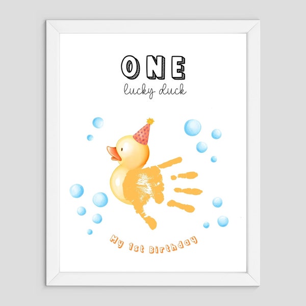 One Lucky Duck - First Birthday - Handprint Art Craft - mom dad grandma auntie - Kids Baby Toddler - Gift Keepsake Card - Daycare Preschool