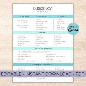 緊急情報シート - 重要な情報 PDF - 緊急連絡先情報 - Canva で編集可能で印刷可能 - ベビーシッターのメモ - 保護者の連絡先