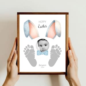 Hoppy Easter - Ostern Fußabdruck Art Craft - Hase Fotorahmen -Baby Kleinkind- Karte Geschenk Andenken- Bearbeiten in Canva- Tagespflege Vorschulaktivitäten