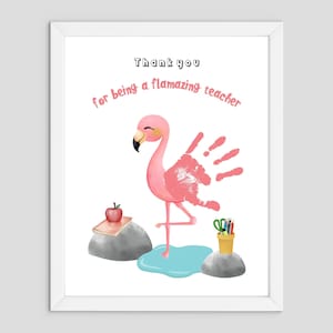 "Danke, dass Sie ein flauschiger Lehrer sind - Flamingo Handabdruck Art Craft - Kinder Kleinkind - Geschenk Erinnerungskarte - Lehreranerkennung, Vorschule."