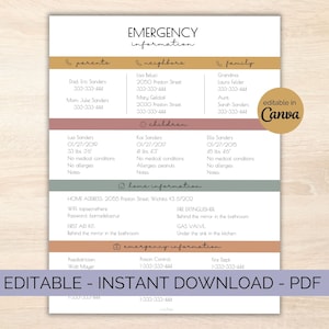 Fiche d'informations en cas d'urgence - Informations importantes au format PDF - Coordonnées en cas d'urgence - Impression modifiable sur Canva - Notes pour la baby-sitter - Contact pour les parents
