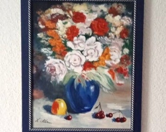 Original Stillleben "Blaue Vase und Früchte"