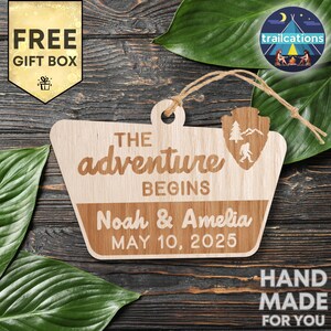 Custom National Park Family Name Sign Engraved Wood Wedding Ornament, Personalized Name Gift for Couples Wedding, Nature Adventure Hike Camp