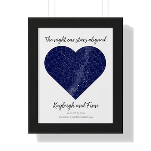 Cartel enmarcado vertical del mapa de estrellas del corazón personalizado, cielo nocturno personalizado, regalo de compromiso del recién nacido del cumpleaños del aniversario de boda de la constelación