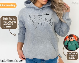 Sudadera de mapa mundial, suéter de aventura, regalo de viaje, camisa Wanderlust, suéter de camping, sudadera de senderismo, camisa de viaje por carretera, sudadera con capucha unisex