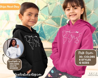 Weltkarten-Sweatshirt, Camping-Pullover, Wanderlust-Shirt, Abenteuer-Pullover, Reisegeschenk, Wander-Sweatshirt, Road Trip-Shirt, Kinder-Hoodie