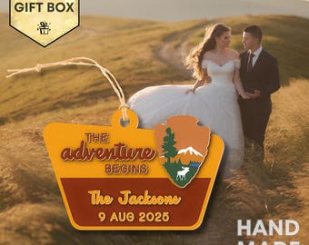 National Park Adventure Sign Personalized Name Ornament, Custom Wedding Gift for Couples Engagement Christmas Gifts, Retro Camp RV Hiker