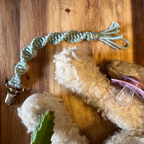 Macrame Binky or Paci Clip for baby/toddler paicfiers - beautifully hand crafted soft cord, easy to clasp to clothing, easy to clean