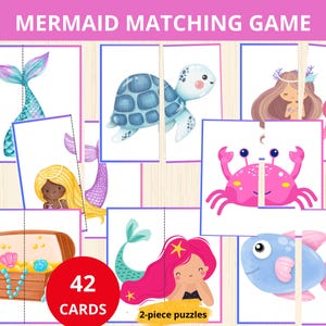 May include: A set of 42 mermaid matching game cards. The cards feature colorful illustrations of mermaids, sea turtles, crabs, fish, and treasure chests. The cards are designed for children to match the two halves of each image.
