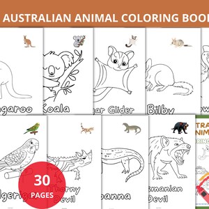 May include: A coloring book titled "AUSTRALIAN ANIMAL COLORING BOOK" featuring line drawings of Australian animals like a kangaroo, koala, and bilby. The book has 30 pages and includes crayons.