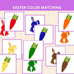 May include: A colour matching game with Easter themes, featuring illustrations of bunnies and carrots. The game includes cards with bunnies in red, blue, yellow, orange, green, and brown, paired with carrots in matching colours. The text "EASTER COLOR MATCHING" is at the top.