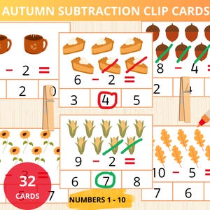 Schede con clip per sottrazioni Montessori autunnali, matematica autunnale per la scuola materna, attività di matematica autunnale, sottrazione autunnale, schede di lavoro di matematica autunnale, riconoscimento dei numeri