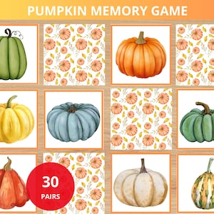 May include: A pumpkin memory game featuring watercolor illustrations of various pumpkins in shades of green, orange, yellow, and blue. The game includes 30 pairs of cards with different pumpkin designs and patterns.