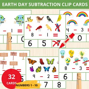 May include: A set of 32 Earth Day themed subtraction clip cards for kids. Each card features a colorful illustration and a subtraction problem with numbers 1-10. The cards are designed to help children learn basic subtraction skills.