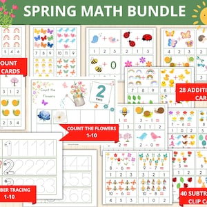 Op de afbeelding: Een verzameling educatieve printables met lentethema voor kinderen. De bundel bevat tel-, optel-, aftrek- en cijfertraceeractiviteiten. Kleurrijke illustraties tonen bloemen, vlinders, bijen en andere lente-elementen. Tekst op de kaarten omvat "SPRING MATH BUNDLE", "20 COUNT CLIP CARDS", "28 ADDITION CLIP CARDS", "40 SUBTRACTION CLIP CARDS", "COUNT THE FLOWERS 1-10" en "NUMBER TRACING 1-10".