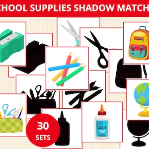 以下が含まれることがあります： 「SCHOOL SUPPLIES SHADOW MATCHING」のテキストが入った、カラフルな教育用グラフィック。鉛筆、ハサミ、バックパック、地球儀などの学用品と、それらの影が描かれています。グラフィックには30セットが含まれています。