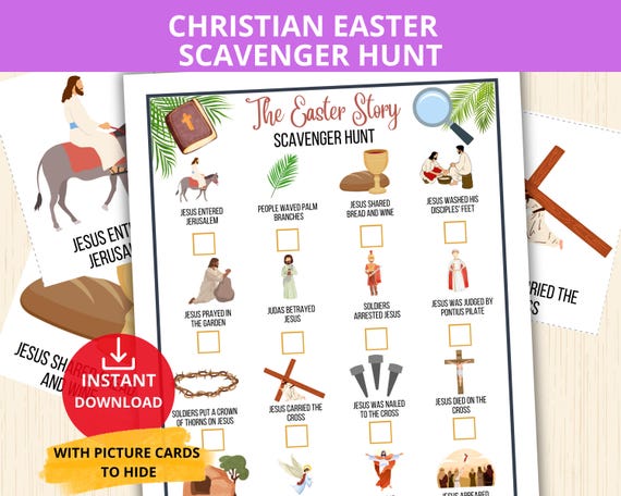 The Easter Story Scavenger Hunt,Easter scavenger hunt,Christian Easter treasure hunt,Resurrection Scavenger Hunt,Holy Week games,easter prek