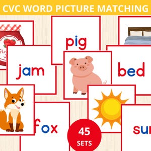 CVC 単語カード、CVC 単語と絵のマッチング アクティビティ、CVC 単語マッチング、CVC 読み取りアクティビティ、フォニックス フラッシュカード、音素フラッシュカード、prek abc