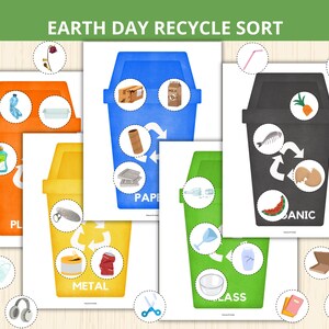 Peut inclure: Jeu de tri éducatif sur le thème de la Journée de la Terre. L'image montre des illustrations colorées de poubelles de recyclage pour le plastique, le papier, le métal, le verre et les déchets organiques. Chaque poubelle contient des éléments à trier. Le texte "Earth Day Recycle Sort" est en haut.