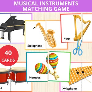 May include: A set of 40 colorful cards featuring illustrations of different musical instruments, including a piano, saxophone, harp, maracas, bongos, and xylophone. The cards are designed for a matching game.
