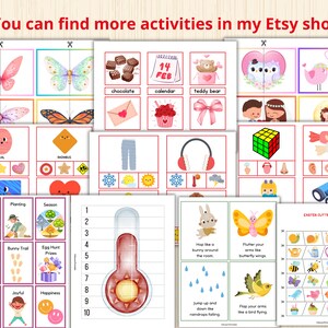 Puede incluir: Un conjunto de tarjetas de actividades imprimibles para ni&ntilde;os con varios temas, que incluyen el D&iacute;a de San Valent&iacute;n, Pascua y primavera. Las tarjetas incluyen im&aacute;genes de mariposas, corazones, huevos, conejos y m&aacute;s. Las tarjetas est&aacute;n dise&ntilde;adas para ayudar a los ni&ntilde;os a aprender y desarrollar sus habilidades.
