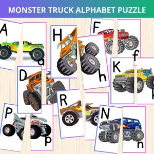 monster truck alphabet,preschool alphabet game,ABC matching game,letter recognition,early literacy game,Monster truck party,ids alphabet activity