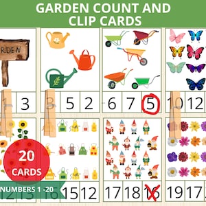 Cartões de contagem e clipe de jardim, clipe de contagem de jardim, número 1-10, atividade de cartões de número, contagem precoce Montessori, jardim montessori, matemática pré-escolar