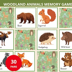 Peut inclure: Un jeu de mémoire sur les animaux des bois composé d'une grille de cartes illustrant un ours, un écureuil, un élan, un hérisson, un sanglier, un raton laveur, un renard et un castor. Chaque carte porte le nom de l'animal. 30 PAIRES.