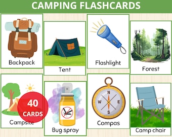 Camping Flash Cards,alphabet flashcards,kindergarten prek,Seasonal Vocabulary,Preschool Visual Cards,Toddler Learning,nature study,forest