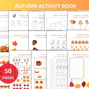May include: An "Autumn Activity Book" with 50 pages of educational activities. Pages include tracing, colouring, counting, and scissor skills exercises. The book features fall-themed illustrations of leaves, pumpkins, and acorns.
