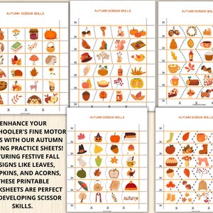 May include: Four printable worksheets with autumn-themed images for children to practise cutting skills. Each worksheet features a grid with images such as pumpkins, leaves, acorns, and a turkey. The text "AUTUMN SCISSOR SKILLS" is at the top of each worksheet.