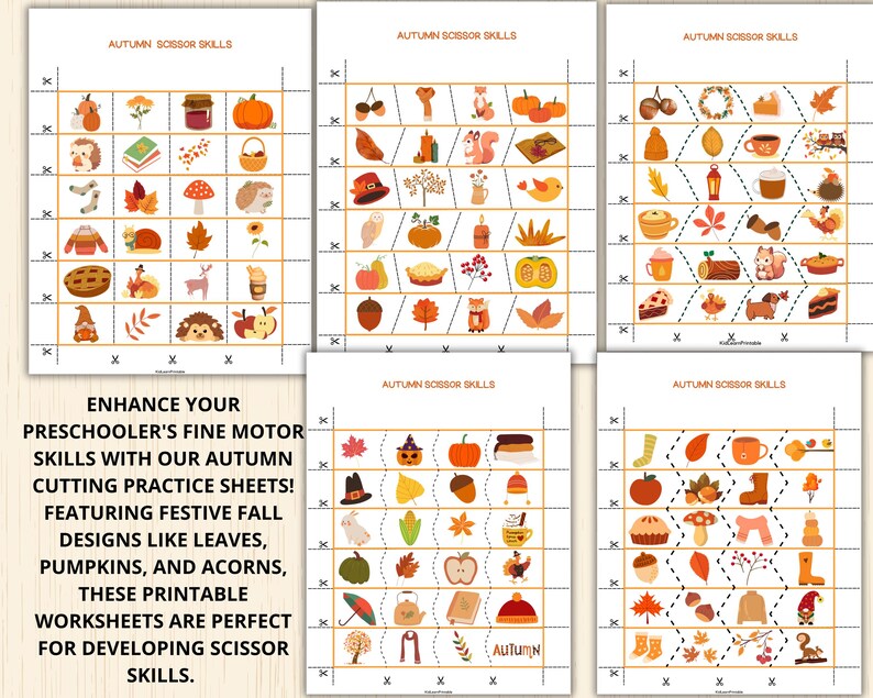 May include: Four printable worksheets with autumn-themed images for children to practise cutting skills. Each worksheet features a grid with images such as pumpkins, leaves, acorns, and a turkey. The text "AUTUMN SCISSOR SKILLS" is at the top of each worksheet.