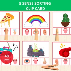 Cartes à clip 5 sens, jeu d'activités de tri Five Senses, trier et assortir, maternelle, préscolaire, tout-petit, jeu d'association, activités d'association