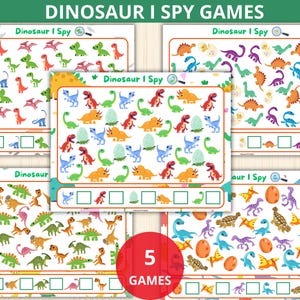May include: Five printable dinosaur I Spy game cards featuring colorful illustrations of dinosaurs. Each card has a list of dinosaurs to find and a blank space for writing the number of dinosaurs found.
