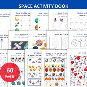 May include: A space-themed activity book with 60 pages, featuring various activities. The book includes matching, tracing, and counting exercises. Illustrations include rockets, planets, and astronauts. The title "SPACE ACTIVITY BOOK" is displayed at the top in blue.