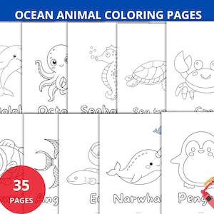 Puede incluir: Páginas para colorear en blanco y negro con ilustraciones de animales marinos, como un delfín, un pulpo, un caballito de mar y un pingüino. Las páginas están etiquetadas con los nombres de los animales. El texto "OCEAN ANIMAL COLORING PAGES" está en la parte superior.