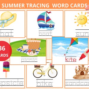 Zomerwoordentekenkaarten, overtrekkaarten, zomermontessori, zomerkaarten, kleuterschool, kleuterschool, handschriftactiviteit, woordenschatkaarten