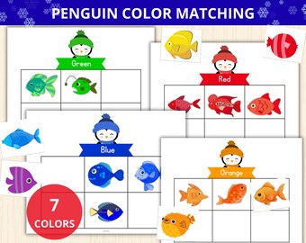 Penguin Color Matching,Winter busy book,color sorting game,preschool color game,montessori learning color,penguin unit study,winter busy bag
