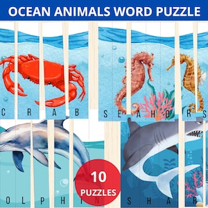 Rompecabezas de animales del océano, rompecabezas de verano, actividad de animales marinos, juego de palabras preescolar, vocabulario de vida marina, rompecabezas para niños pequeños, estudio de unidad de verano, preescolar