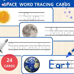 cartes de recherche de mots dans l'espace,recherche de mots dans l'espace,espace montessori,cartes-éclair de l'espace,activité d'écriture manuscrite,cartes de vocabulaire solaires système,prek