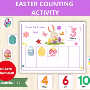 May include: An Easter-themed counting activity worksheet featuring a bunny holding an Easter egg. The worksheet has a grid with colorful Easter eggs to count and match to the numbers 1-10. The words "Count the Easter Eggs" are at the top of the worksheet.