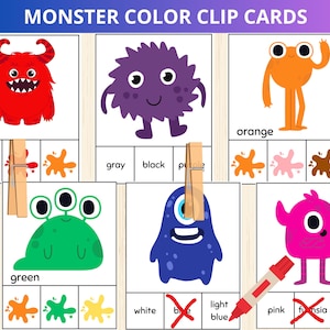 Carte con clip colorate dei mostri, carte con clip di parole colorate, riconoscimento dei colori, attività di abbinamento dei colori, scuola materna dei mostri, identificazione dei colori, carta dei mostri