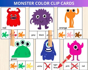 Monster Color Clip Cards,color word clip cards,color recognition,color matching activity,monster preschool,color identification,monster card