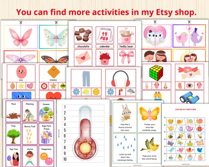 May include: A set of printable activity sheets for kids featuring various themes, including Easter, Valentine's Day, and spring. The sheets include matching games, cutting activities, and counting exercises.