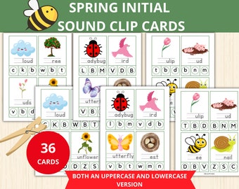 Cartes à clip Spring phonics, activité sonore de début, cartes flash de printemps, sons initiaux printemps, cartes flash préscolaire Montessori, activité de printemps