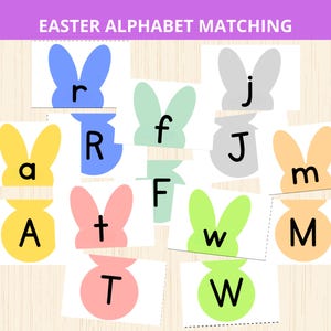 Puede incluir: Juego de emparejar el alfabeto de Pascua con formas de conejito y letras. El juego incluye letras mayúsculas y minúsculas, como 'r', 'R', 'f', 'F', 'j', 'J', 'a', 'A', 't', 'T', 'w', 'W', y 'm', 'M'.