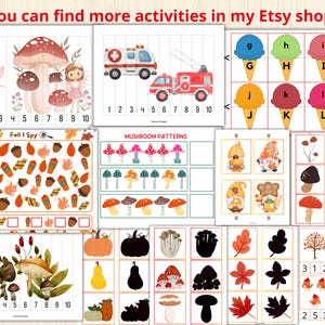 May include: A set of printable educational worksheets for kids featuring fall-themed activities, including a "Fall I Spy" game, mushroom patterns, and a number sequencing activity. The worksheets feature colorful illustrations of mushrooms, pumpkins, and leaves.