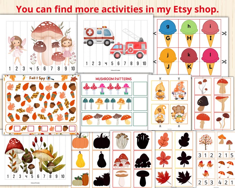 May include: A set of printable educational worksheets for kids featuring fall-themed activities, including a "Fall I Spy" game, mushroom patterns, and a number sequencing activity. The worksheets feature colorful illustrations of mushrooms, pumpkins, and leaves.