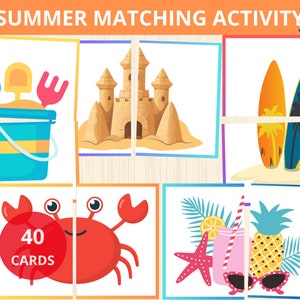 Juego de emparejamiento de verano, actividad de verano, Montessori de verano, preescolar, juegos de emparejamiento, educación en casa, jardín de infancia, tarjetas de verano, unidad de verano, tarjeta didáctica