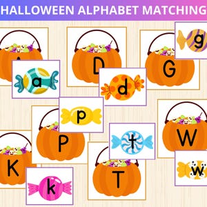 May include: Halloween-themed alphabet matching game. The image features orange pumpkin buckets filled with candy and letters, paired with matching candy cards. The text at the top reads "HALLOWEEN ALPHABET MATCHING".